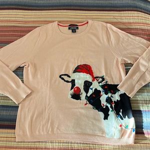 Women’s Lands’ End Christmas Cow Sweater, pale pink size large petite